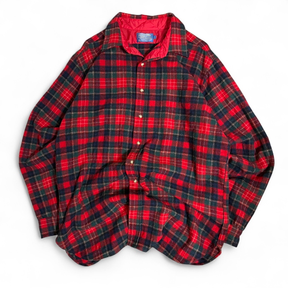 Pendleton VTG 60s Men XL LONG Wool Board Shirt Loop Collar Red Plaid Holiday USA